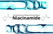 Niacinamide serum ampoules with molecular structure illustration representing Vitamin B3 skincare ingredient for bright and calm skin